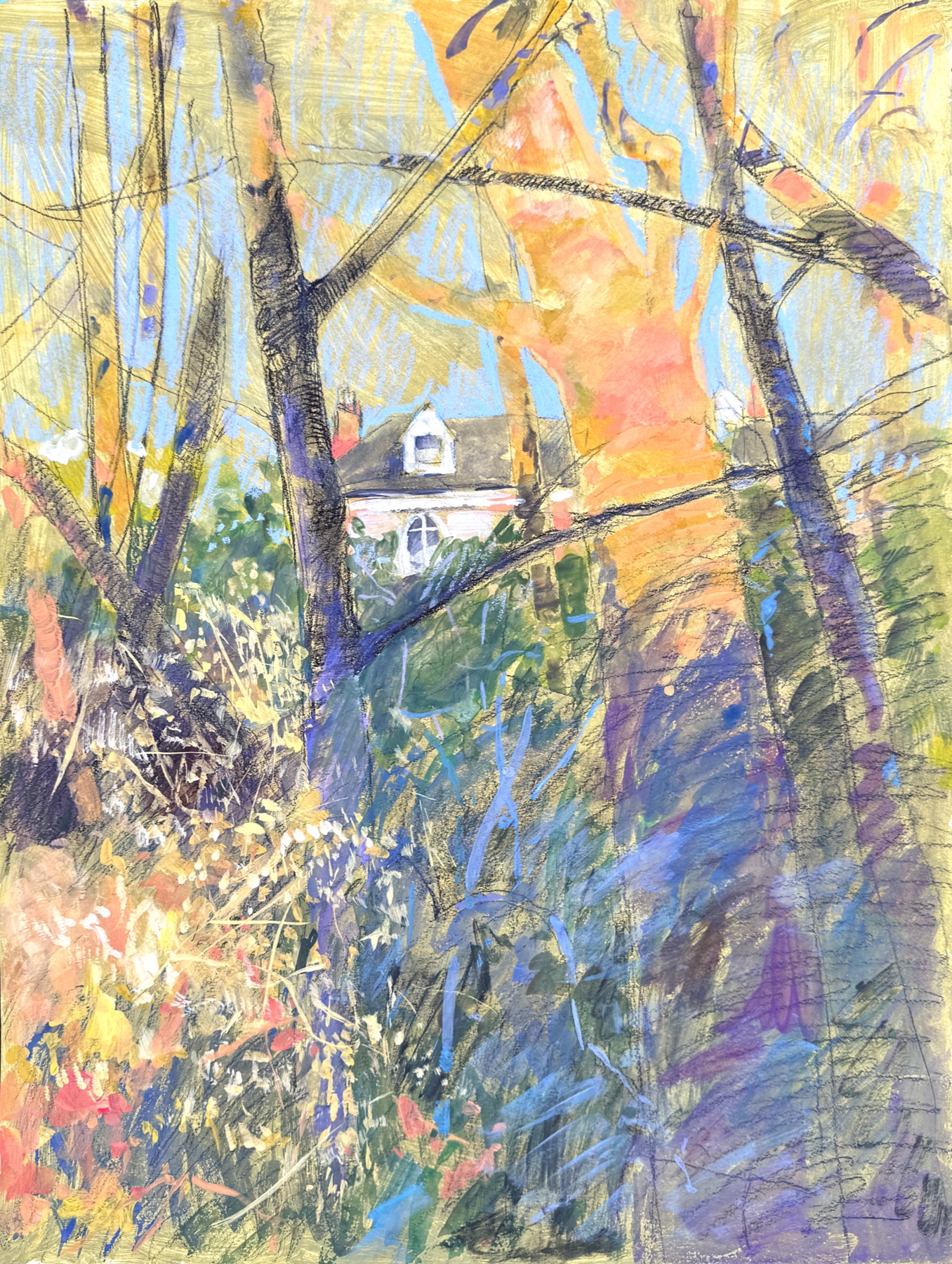 Mixed media drawing with a white house seen through trees in Alexandra Park Penarth