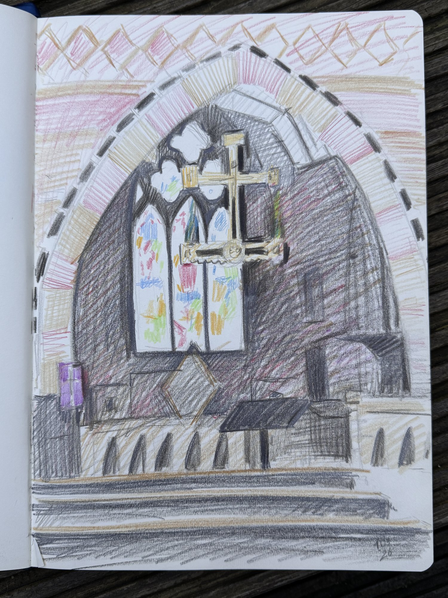 Coloured pencil sketch of the chancel arch and east window inside St Augustine's, Penarth