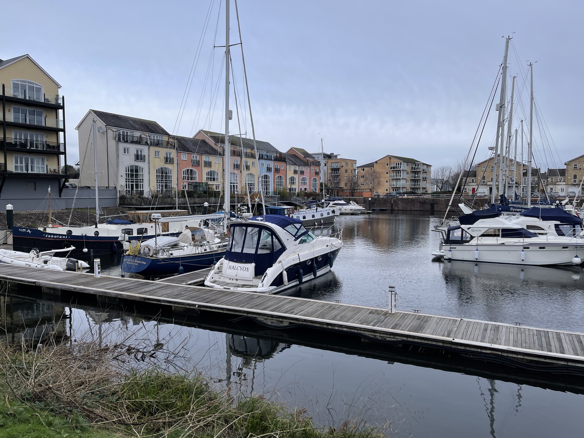 Boats, pontoons, and waterside buildings at Penarth Marina
