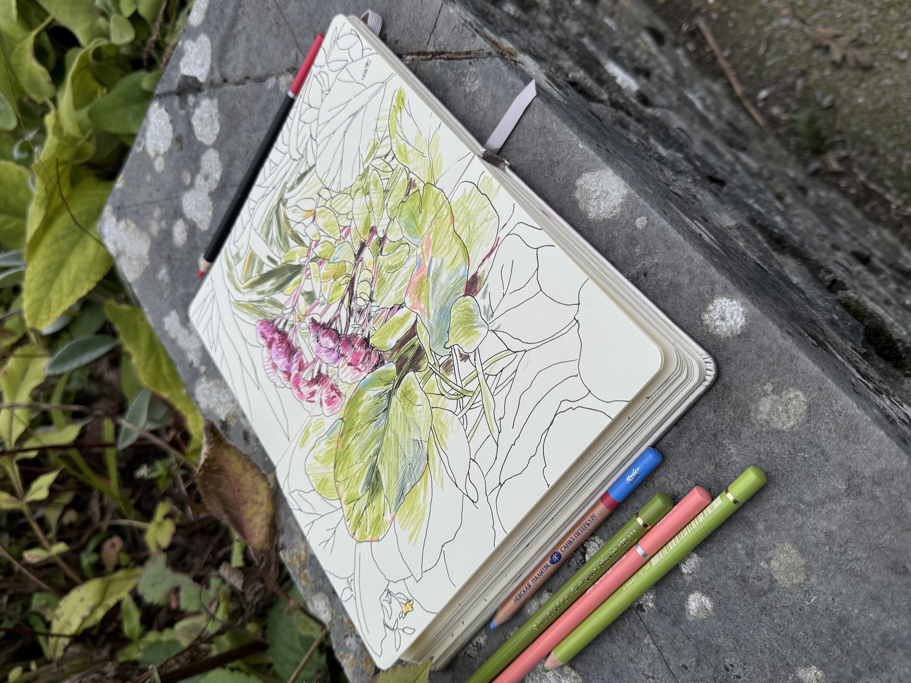 Sketchbook and coloured pencils on a stone wall in Italian Gardens Penarth