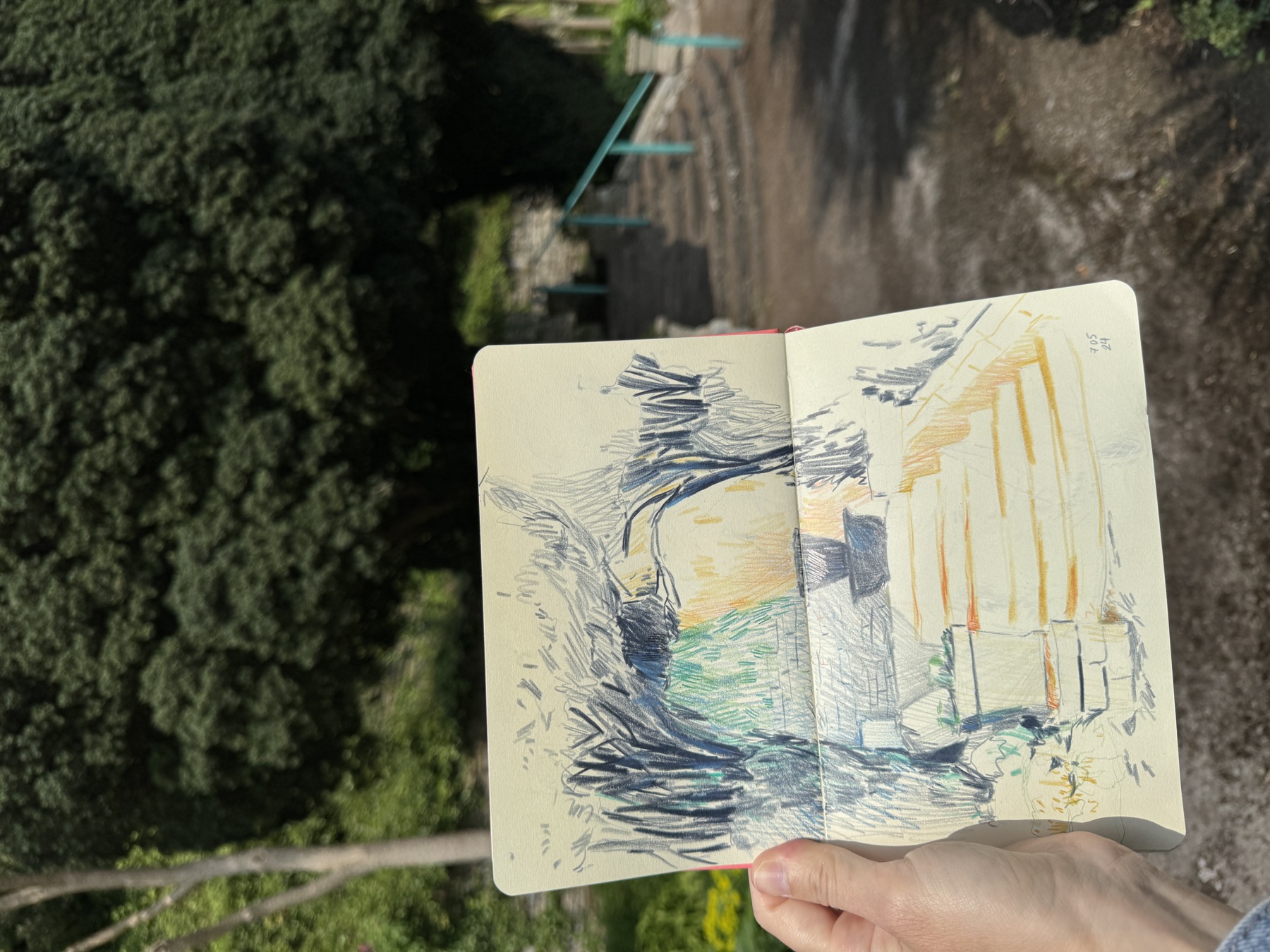 Sketchbook drawing of stone steps in Italian Gardens Penarth