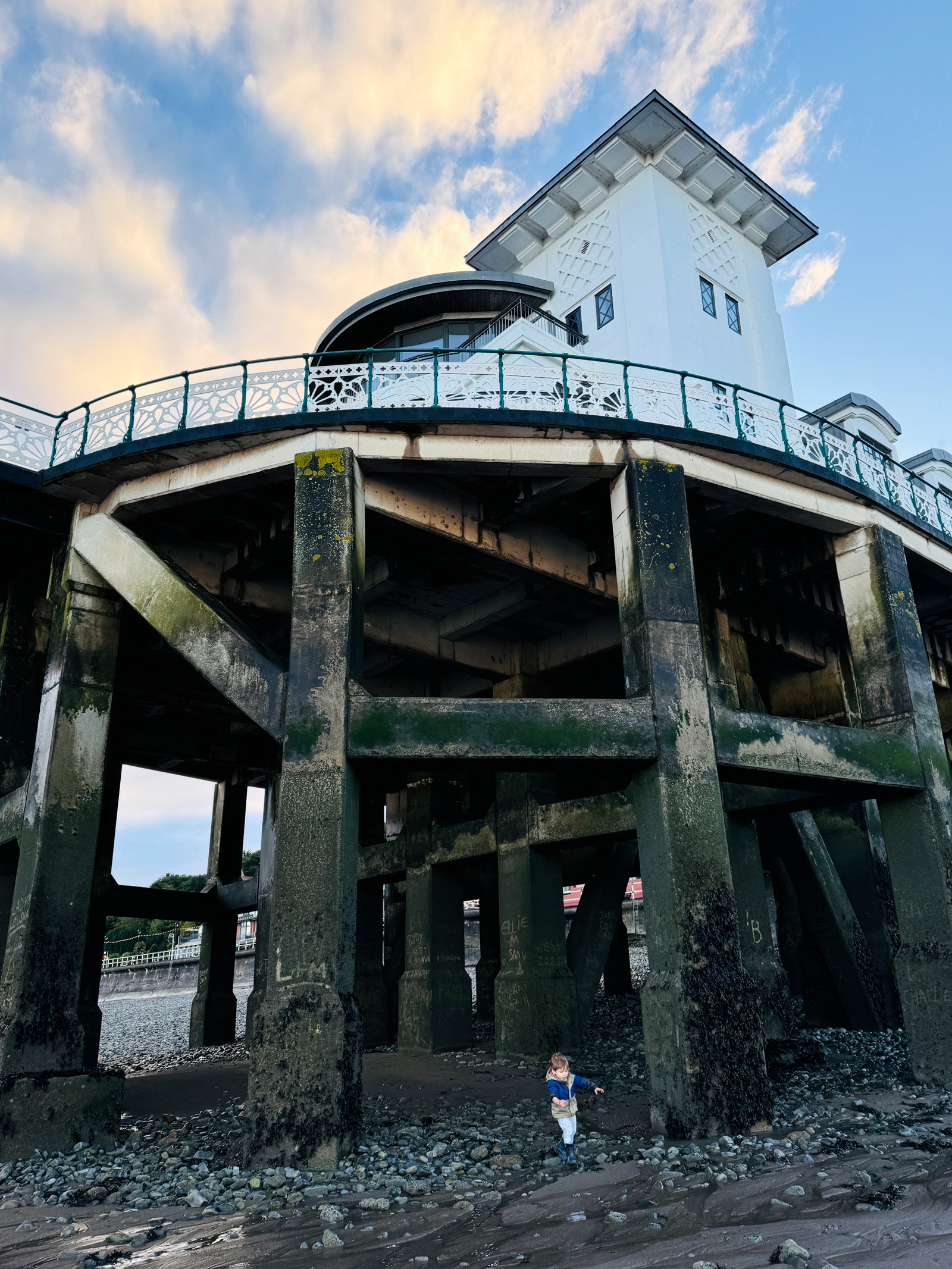 Under Penarth Pier at low tide, concrete supports and the Bristol Channel