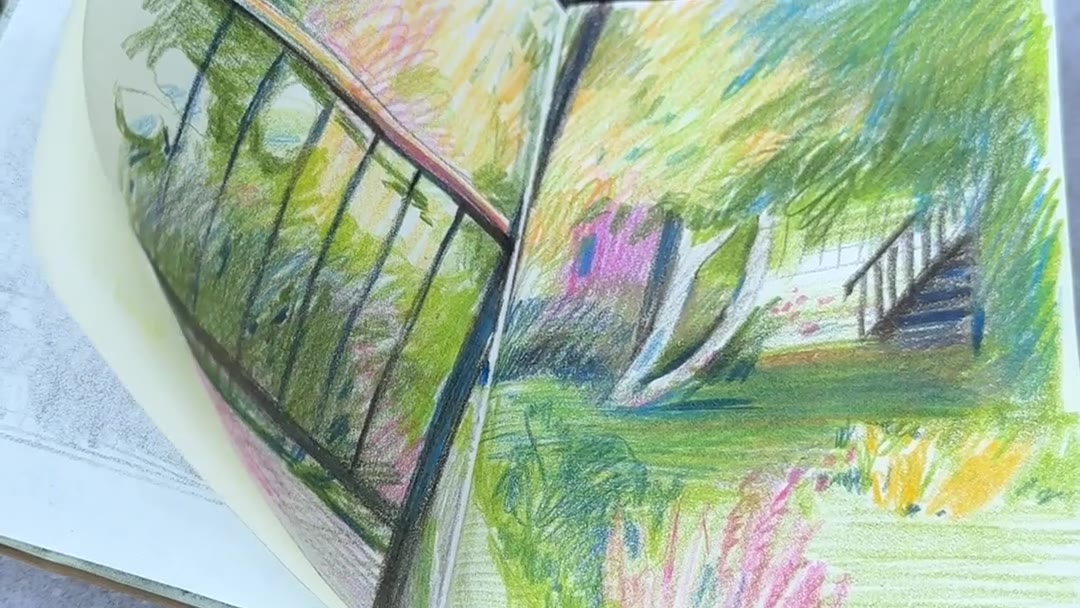 Coloured pencil sketchbook page filmed during an outdoor drawing session