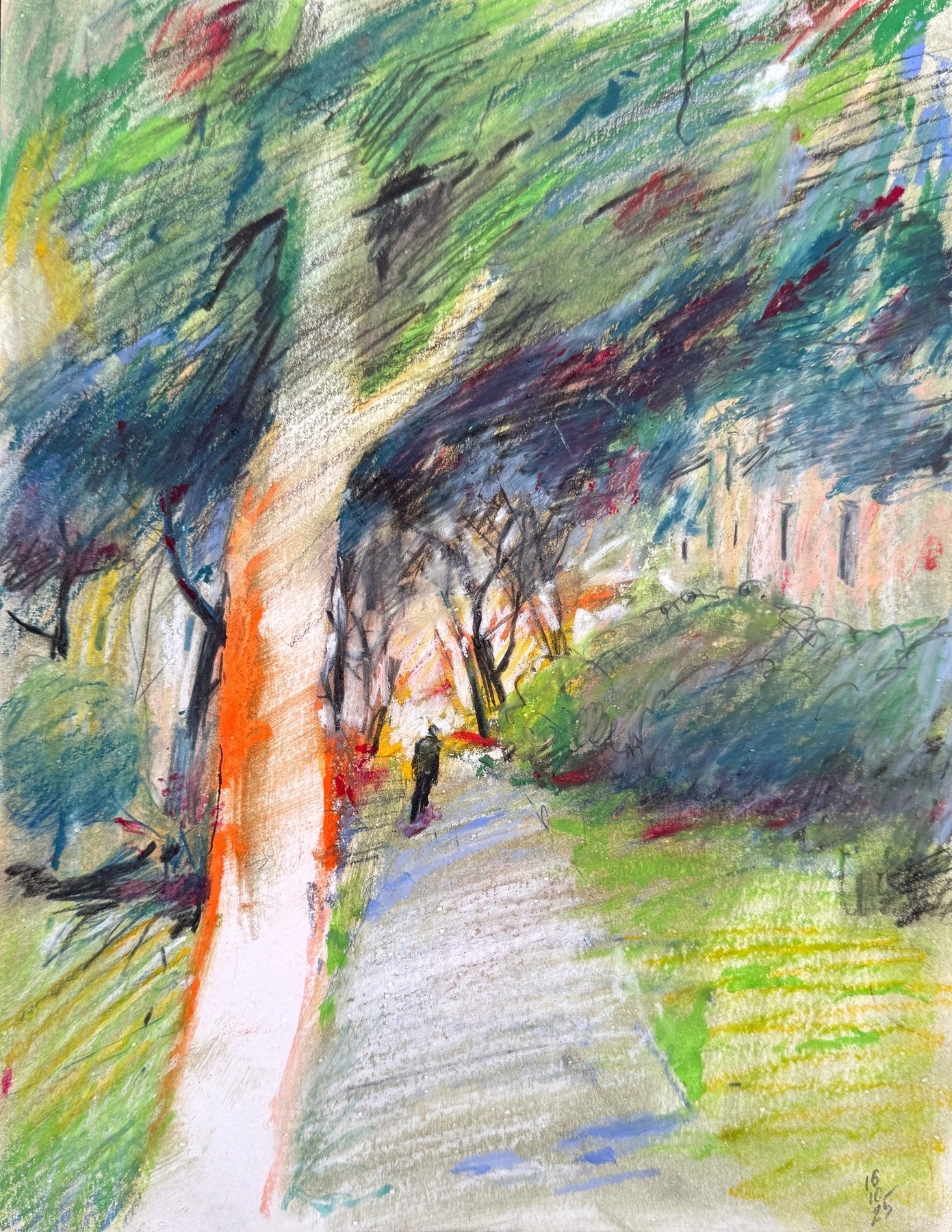 A Quiet Green Corner, oil pastel on paper by Ksenia Kudelkina