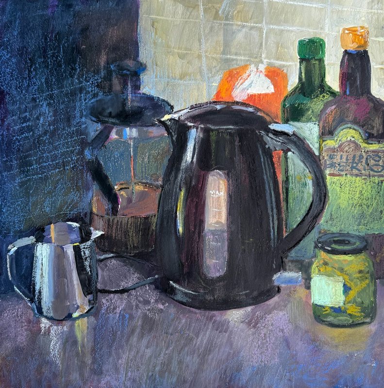 Monochromatic Morning: Brews & Oils, acrylic, soft pastel and oil pastel on paper by Ksenia Kudelkina