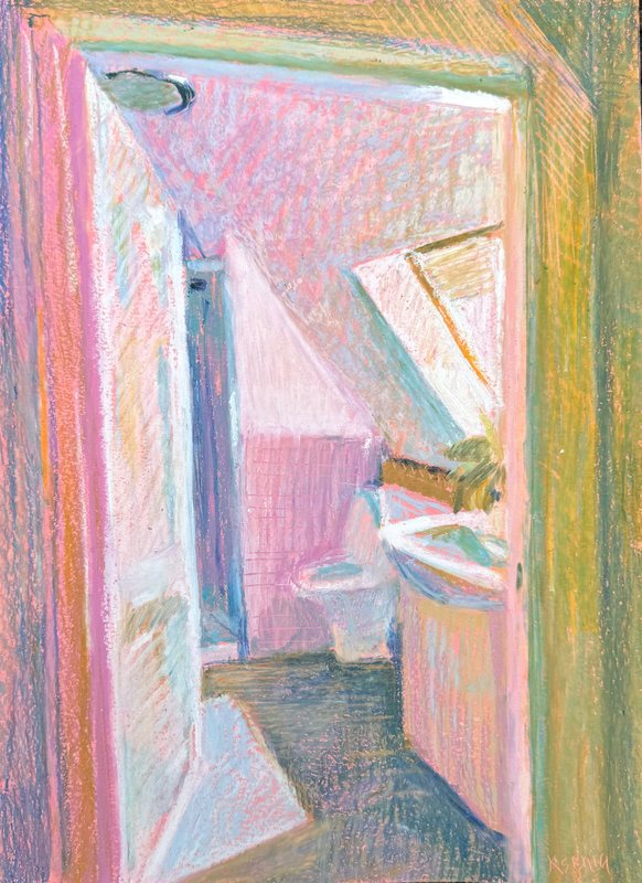 Morning Bathroom, acrylic and oil pastel on paper by Ksenia Kudelkina