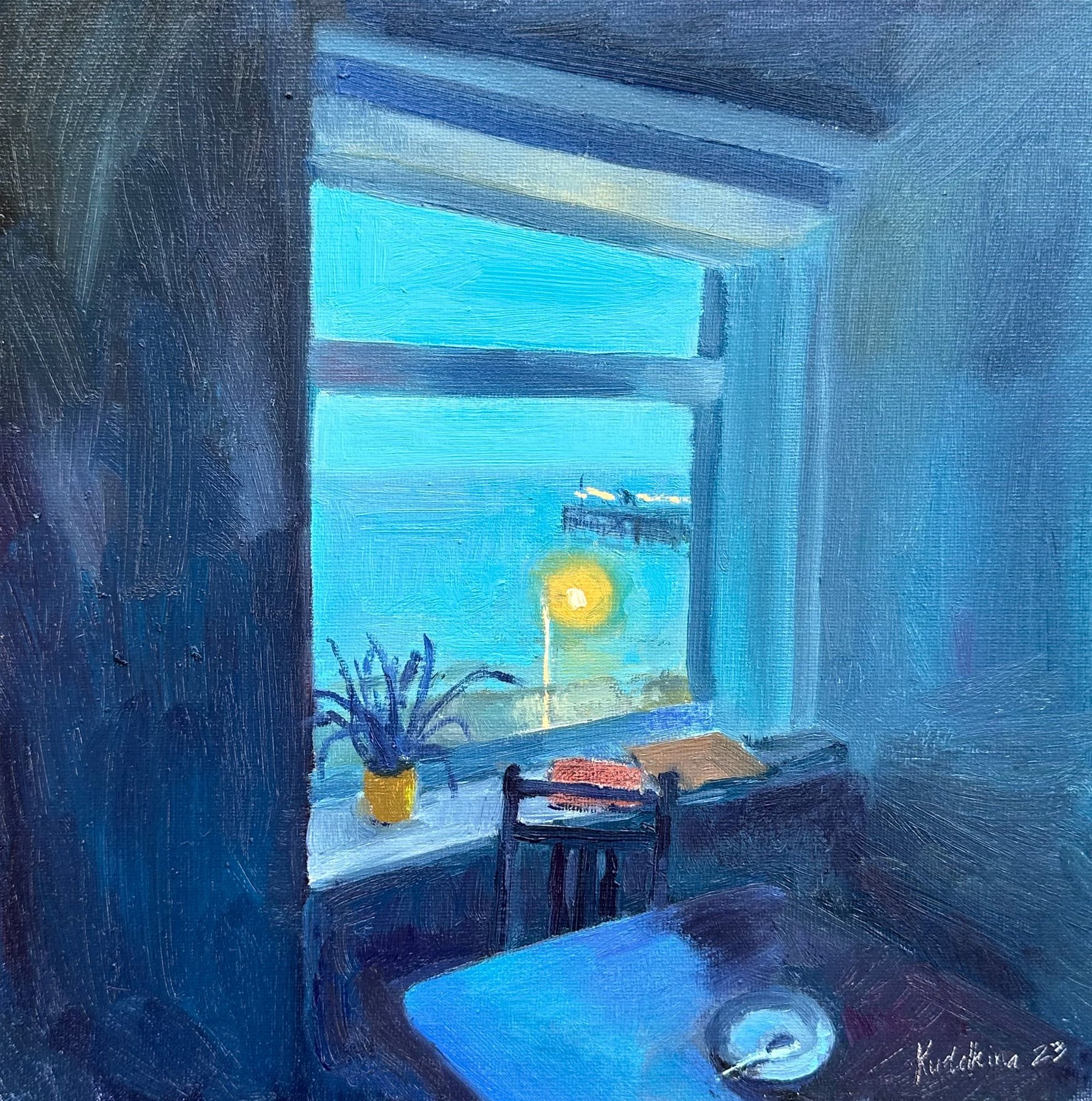 Penarth Pier at Night, oil painting by Ksenia Kudelkina