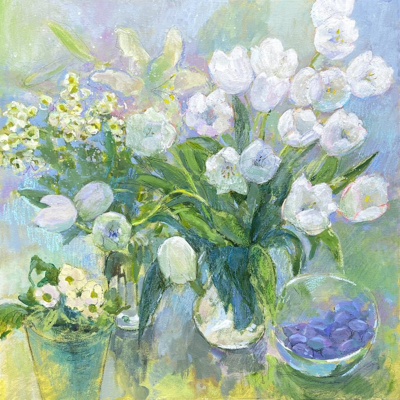 Still life with white tulips, mixed media by Ksenia Kudelkina